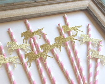 Horse Birthday Party Retro Paper Straws Equestrian Baby Shower birthday party Drink Pink Stripe & Glitter Gold Drinkware Table Decor Prop