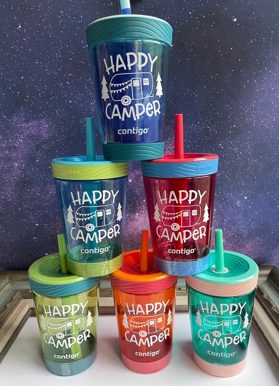 Kids Happy Camper Tumblers, Contigo Cup Bottle Straws, Kids Birthday Gift Favors, Summer Camp Drinkware Gift, Camp Van, Personalized Bottles