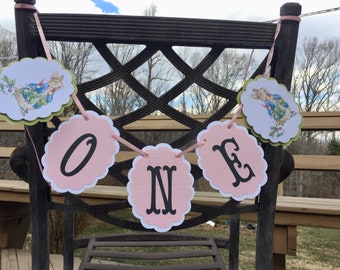 Peter Rabbit Easter Banner / Bunny One High Chair Banner / One Year Old Photo Prop Decor / Pink Blue Baby Shower/ Birthday Banner