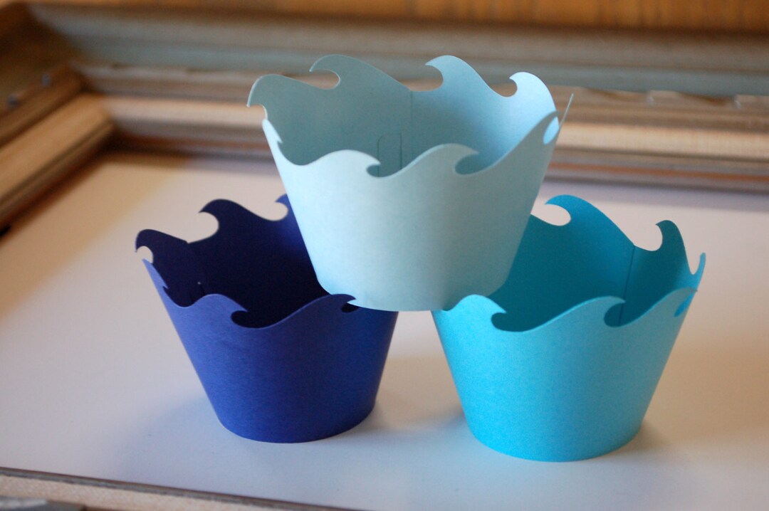 Ocean WAVE Cupcake Wrappers Holders Nautical Toppers Paper Ocean Blue