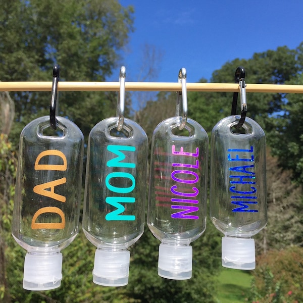 Personalized Hand Sanitizer Bottle, School Refillable Sanitizer Holder w Clip, Reusable Bottle, Summer Travel Back to School Name Container