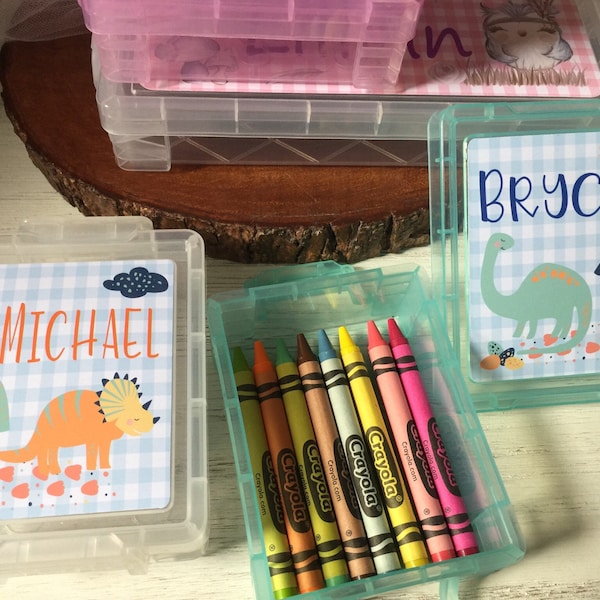 Personalized Crayon Box, Back to School Boy Girl Stationary Organizer, Name Block Box, Preschool Gift Owl Dino Woodland Birthday Party Favor