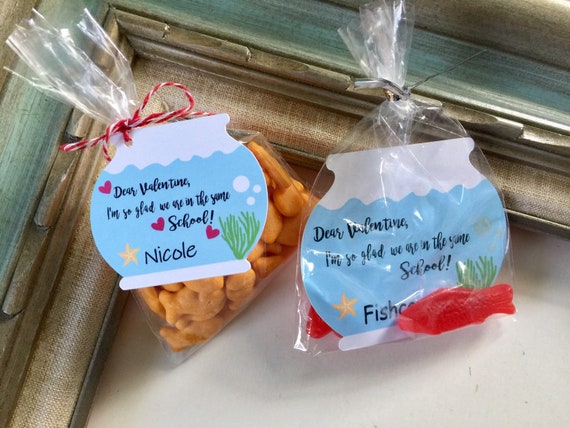 Gold Fish Valentine Day Class Favors, Kids Swim Fish Bowl Class Favor Tags  Bags Fish Personalized Tags, Summer Class End School Party Favors 