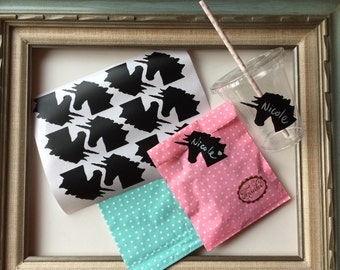 Unicorn Party Favor Bags | Chalkboard Stickers | Girl Polka Dots Birthday | Pink and Mint | Silhouette Name Labels Gift Tags | Table Decor