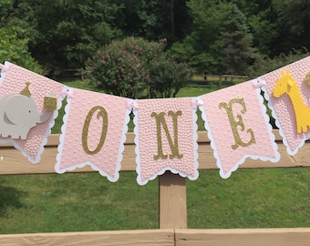 Animal Zoo First Birthday High Chair Banner Baby Shower Party One Year Old Celebration Nursery Room Decor Pink Glitter Gold Garland Bunting