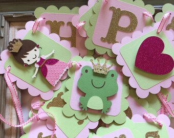 Princess and Frog Prince Birthday Banner Toddler Birthday Party Tiara Crown Happy Birthday Garland Pennants Prop Kids Fairytale Story Party