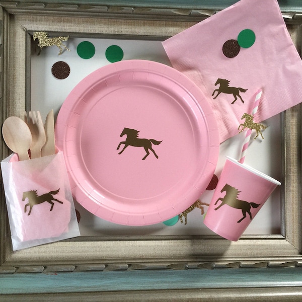 Horse Party Supplies Pony Girl Equestrian Birthday set Plates Cups Tumblers Paper Straws Napkins Utensils Derby Tableware Props Pink Gold