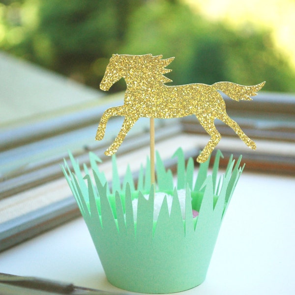 Horse Equestrian Birthday Kentucky Derby Party Cupcake Topper Grass Wrapper Baby Shower Tablescape Girl Boy Wedding party Pony Cowgirl Decor