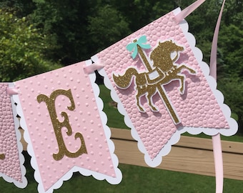 Carousel Horse Banner High Chair Banner 1st First Birthday Prop Decoration Baby Shower Party Milestone Celebration Nursery Decor Pink & Gold
