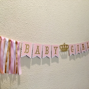 Crown BABY SHOWER Banner Baby Girl Princess Birthday Party Banner One Year Old Prop Decoration Pink Glitter Ribbon Garland Pennant Bunting image 4