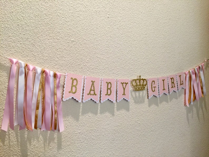 Crown BABY SHOWER Banner Baby Girl Princess Birthday Party Banner One Year Old Prop Decoration Pink Glitter Ribbon Garland Pennant Bunting image 4