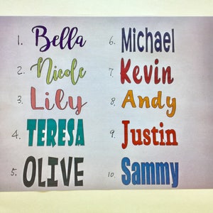 May include: A list of names written in colorful lettering on a white background. The names are: Bella, Nicole, Lily, Teresa, Olive, Michael, Kevin, Andy, Justin, and Sammy.