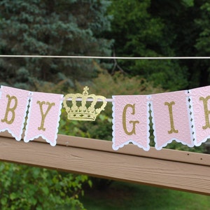 Crown BABY SHOWER Banner Baby Girl Princess Birthday Party Banner One Year Old Prop Decoration Pink Glitter Ribbon Garland Pennant Bunting image 5