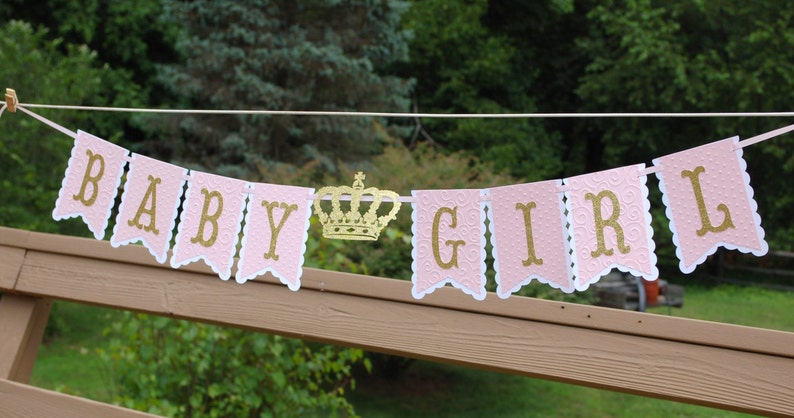 Crown BABY SHOWER Banner Baby Girl Princess Birthday Party Banner One Year Old Prop Decoration Pink Glitter Ribbon Garland Pennant Bunting image 5