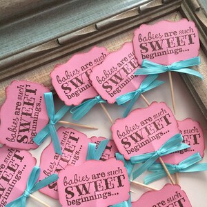 Baby Shower Cupcake Toppers with Bow Ribbon Pink Girl | Babies are such Sweet Beginnings | Message Toppers | Personalized Party Decor Boy