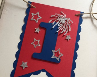 Large Pennant Banner for Patriotic Theme First Birthday Milestone Photo Prop Decoration, One High Chair Banner Garland DIY, Stars Fireworks