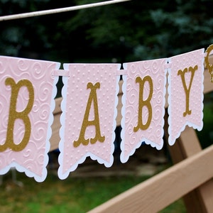 Crown BABY SHOWER Banner Baby Girl Princess Birthday Party Banner One Year Old Prop Decoration Pink Glitter Ribbon Garland Pennant Bunting image 1
