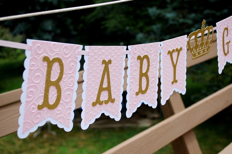 Crown BABY SHOWER Banner Baby Girl Princess Birthday Party Banner One Year Old Prop Decoration Pink Glitter Ribbon Garland Pennant Bunting image 1