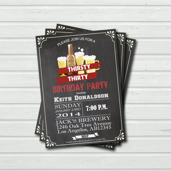 Thirsty Thirty 30th Beer Adult Birthday Party Invitation chalkboard. Retro pub chalkboard. Thirsty 30. 30th birthday invite AB11