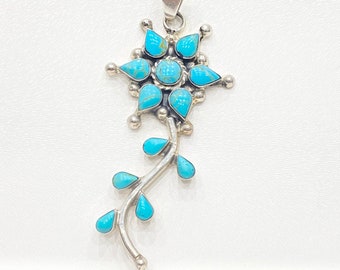Vintage Pedant - Vintage Sterling Silver Native American Blue Turquoise Floral Pendant