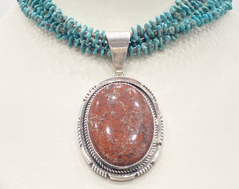 Vintage Necklace - Vintage Sterling Silver Native American Multi-Strand Turquoise & Red Agate Necklace