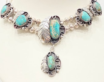 Vintage Necklace - Vintage Sterling Silver Native American Navajo Turquoise Feather Necklace