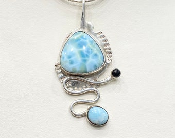 Vintage Necklace - Vintage Sterling Silver Larimar & Onyx Necklace