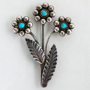 Vintage Pin - Vintage Sterling Silver Turquoise Flower Brooch