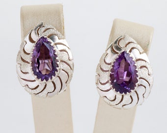 Vintage Earrings - Vintage Sterling Silver Amethyst Clip Earrings