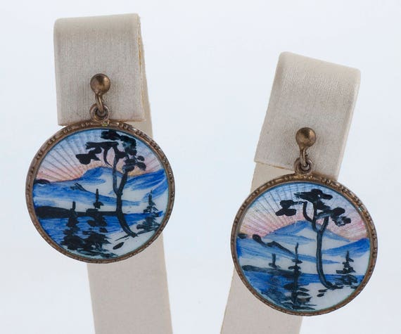 Vintage Earrings - Vintage Landscape Enamel Earri… - image 1