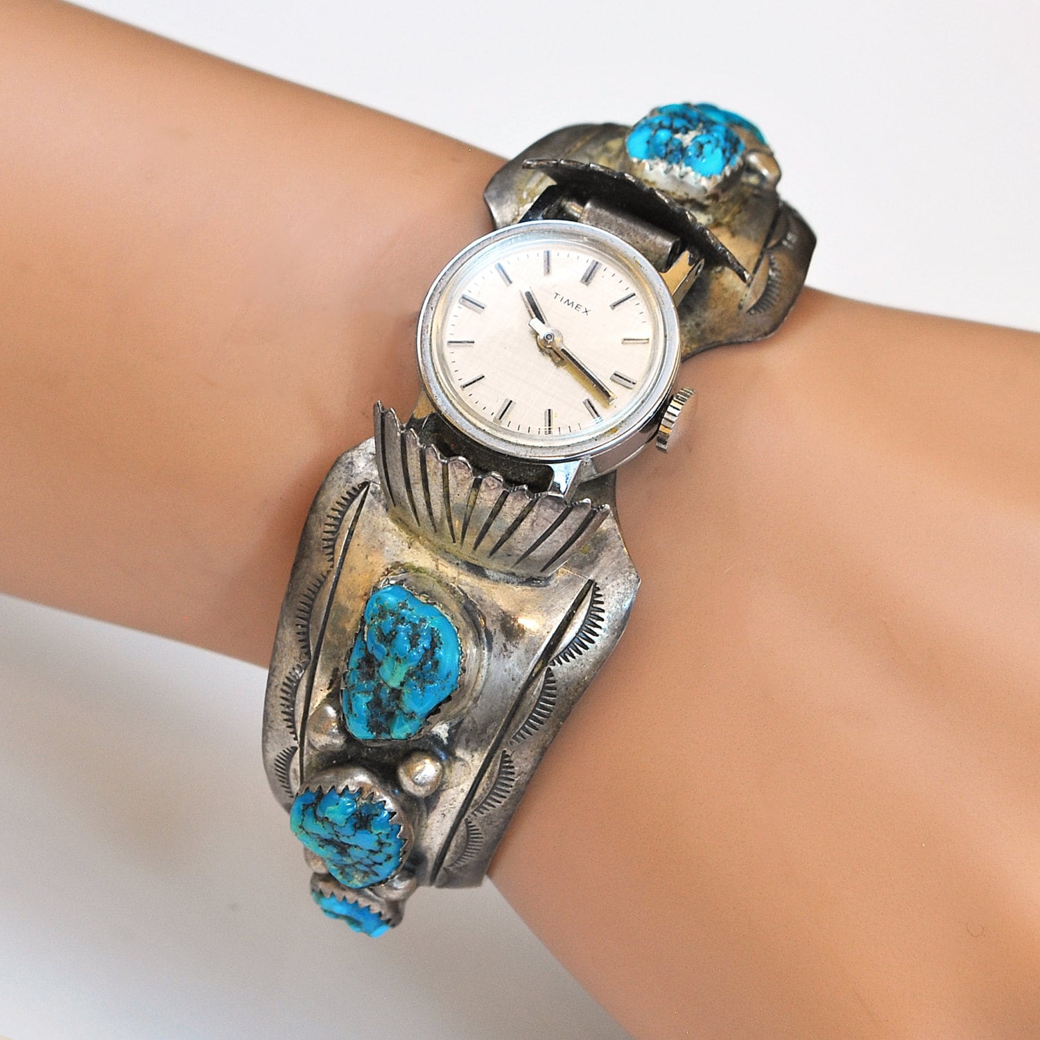 Vintage Timex Sterling Silver Turquoise Coral Cuff Watch Southwestern Womens‎ W1416 Vintage Navajo Silver Feather Turquoise Timex Quartz  main image 2