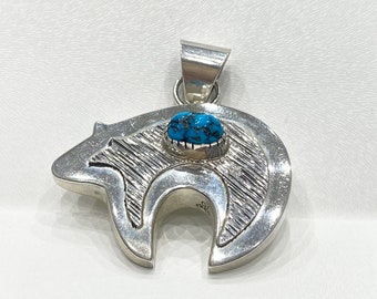Vintage Pendant - Vintage Sterling Silver Navajo Spirit Bear Turquoise Pendant