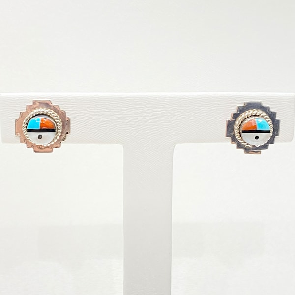 Vintage Earrings - Vintage Sterling Silver Zuni Turquoise, Onyx & Mother Of Pearl Earrings Sunface Earrings