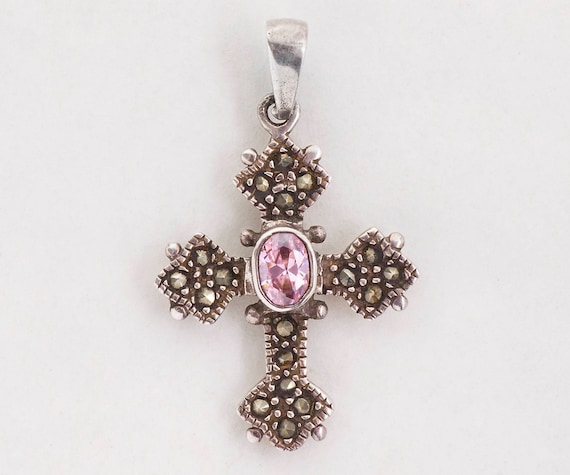 Cross Pendant - Vintage Sterling Silver Marcasite… - image 1