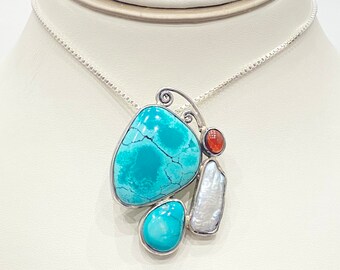 Vintage Necklace - Vintage Sterling Silver Abalone, Garnet and Blue Turquoise Necklace