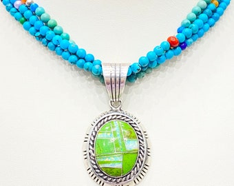 Vintage Necklace - Vintage Sterling Silver Native American Turquoise, Opal, Abalone, Spiny Oyster and Lapis Necklace
