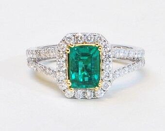 Emerald Ring - 14K White and Yellow Gold Emerald and Diamond Halo Ring