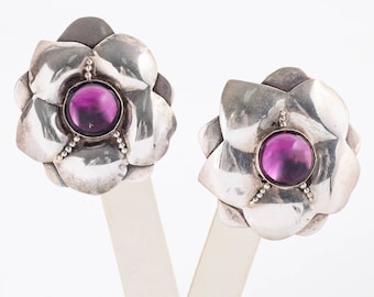 Vintage Earrings - Vintage Sterling Silver Amethyst Flower Earrings