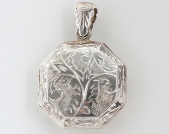 Vintage Locket Pendant - Vintage Sterling Silver Engraved Octogon Locket Pendant
