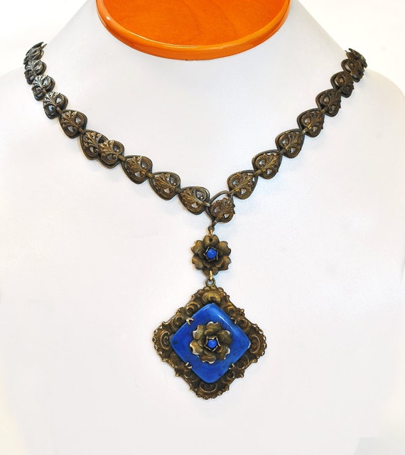 Antique Necklace - Antique Art Deco Deep Blue Glas