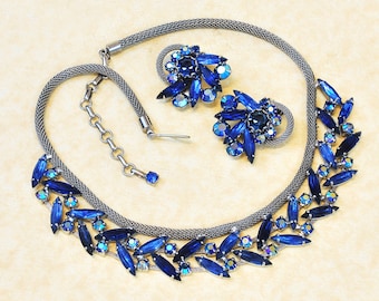 Vintage Jewelry Set - Vintage Blue Rhinestone Fashion Necklace and Matching Clip Earring Set
