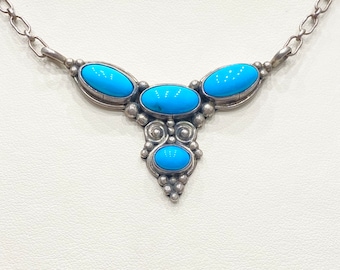 Vintage Necklace - Vintage Sterling Silver Native American Running Bear Blue Turquoise Necklace