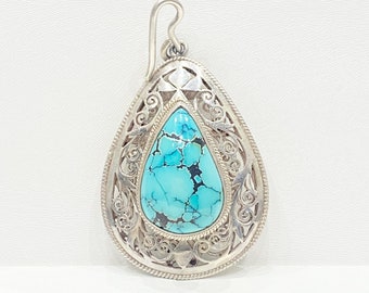 Vintage Pendant - Vintage Sterling Silver Native American Large Blue Turquoise Pendant