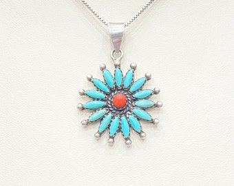 Vintage Necklace - Vintage Sterling Silver Native American Needlepoint Blue Turquoise Pendant