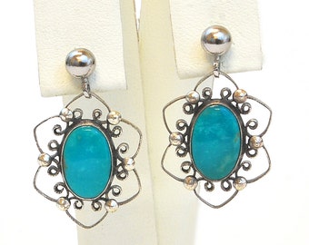 Vintage Earrings - Vintage 1970's Sterling Silver and Turquoise Dangle Earrings