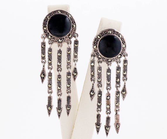 Vintage Earrings - Vintage Sterling Silver Onyx &… - image 1