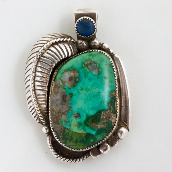 Vintage Pendant - Vintage Native American Sterling Green Turquoise and Lapis Lazuli Large Feather Pendant Signed RA