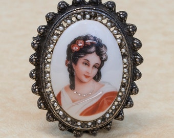 Vintage Limoges Porcelain Cameo Pendant Pin: Hand-Painted French Portrait