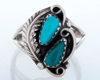 Vintage Ring - Vintage Sterling Silver Two-Stone Turquoise Feather Ring