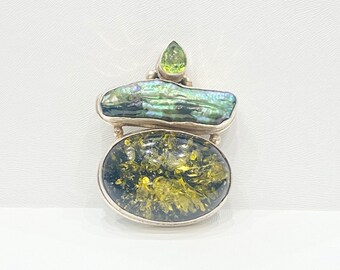 Vintage Pendant - Vintage Sterling Silver Amber, Abalone & Peridot Pendant